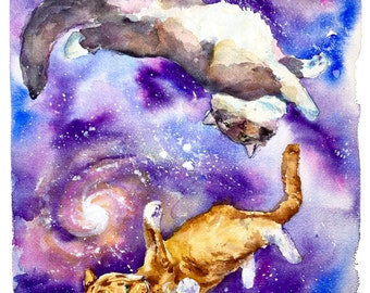 Galactic Cats Watercolor Art Print: Space Cat Artwork