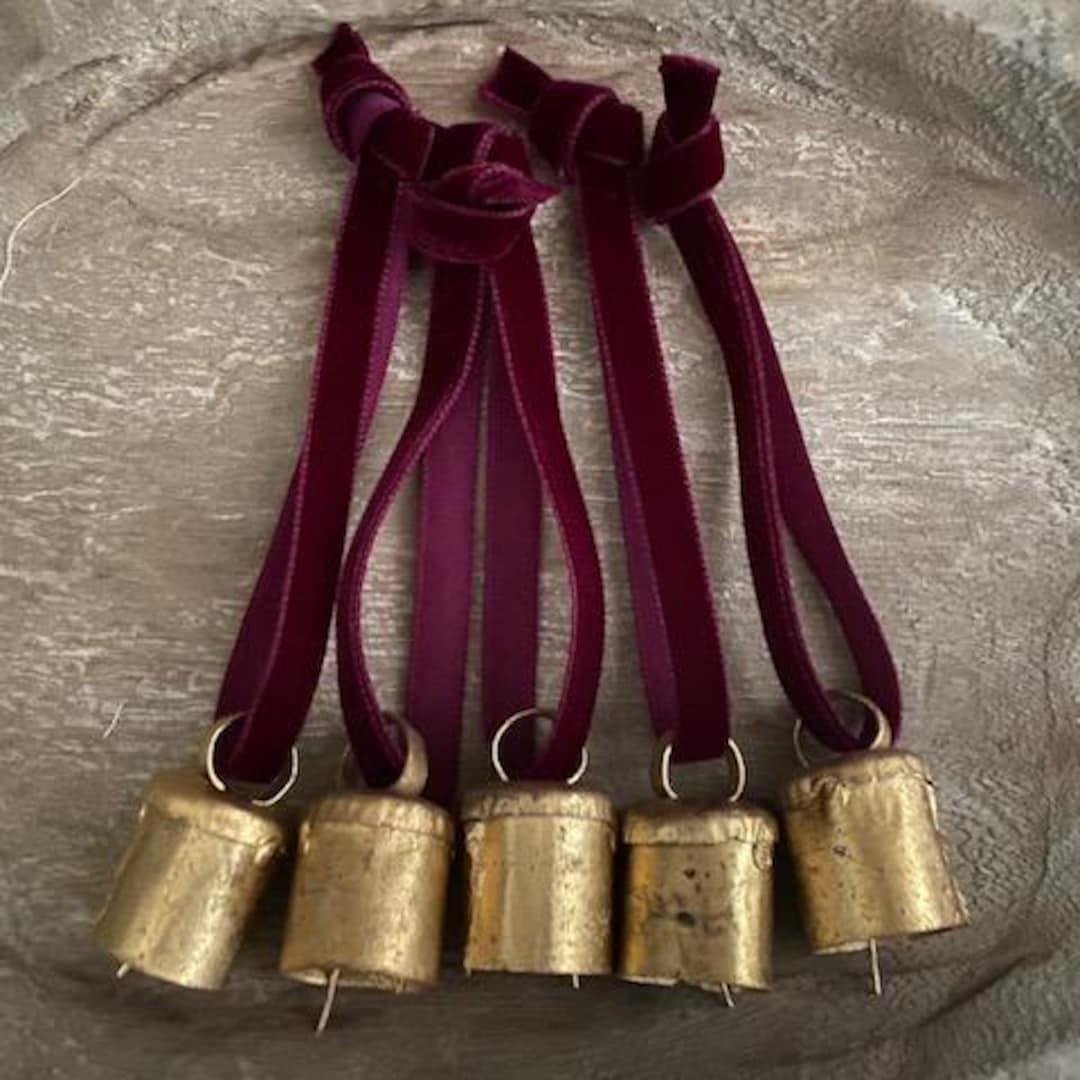 5 Indian Vintage Style Brass Finish Hanging Bell Decorations Velvet ...