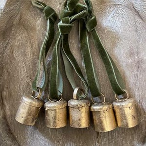 5 Indian Vintage Style Brass Finish Hanging Bell Decorations Velvet Ribbon Christmas Ornaments, Handcrafted, Rustic, Farmhouse Cow Bells