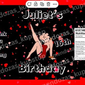 May include: A black and red birthday party invitation with a cartoon image of a woman in a red dress and a black background with red hearts. The text on the invitation reads "Juliet's 16th Birthday".