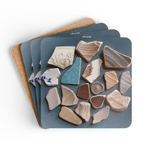 Sea Pottery Coaster Set of 4, Coastal Treasures Ceramic Shards Cork Coasters, Beach Themed Home Decor, Beach House, Original Art Photo