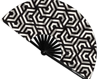 Abanico Dimension / Abanico de bambú geométrico blanco y negro, abanico plegable grande, accesorio para festivales rave de arte óptico