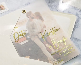 Gold Foil Vellum and Photo Save the Date Wedding Engagement Announcement