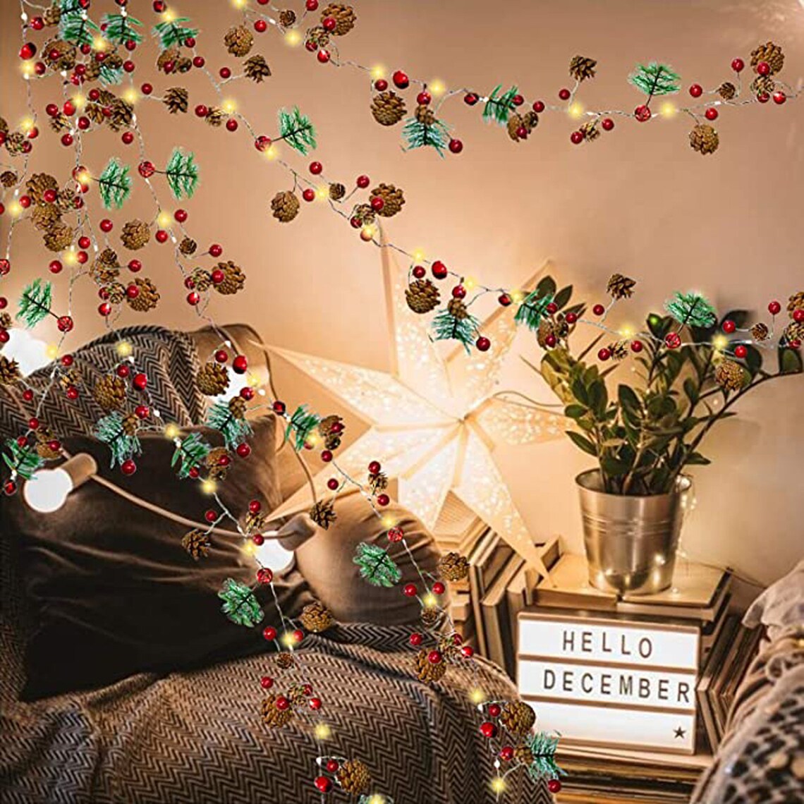 Christmas String Lights Pine Cone Light Red Berry Christmas | Etsy
