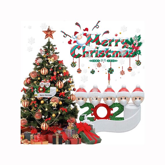 Personalized Christmas Ornament Quarantine Customized 1-5 Family Name Santas with Face Mask Toilet Paper Hand Sanitizer 2020 Christmas Ornament with LED Light