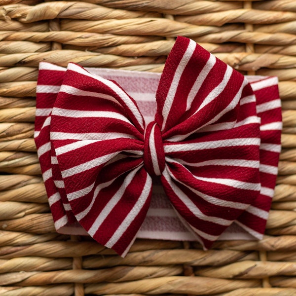 Dark Red and White Striped Double Bow Headwrap