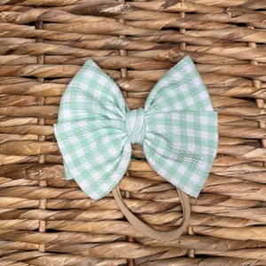 Pale Green and White Gingham Spring Double Bow Headwrap