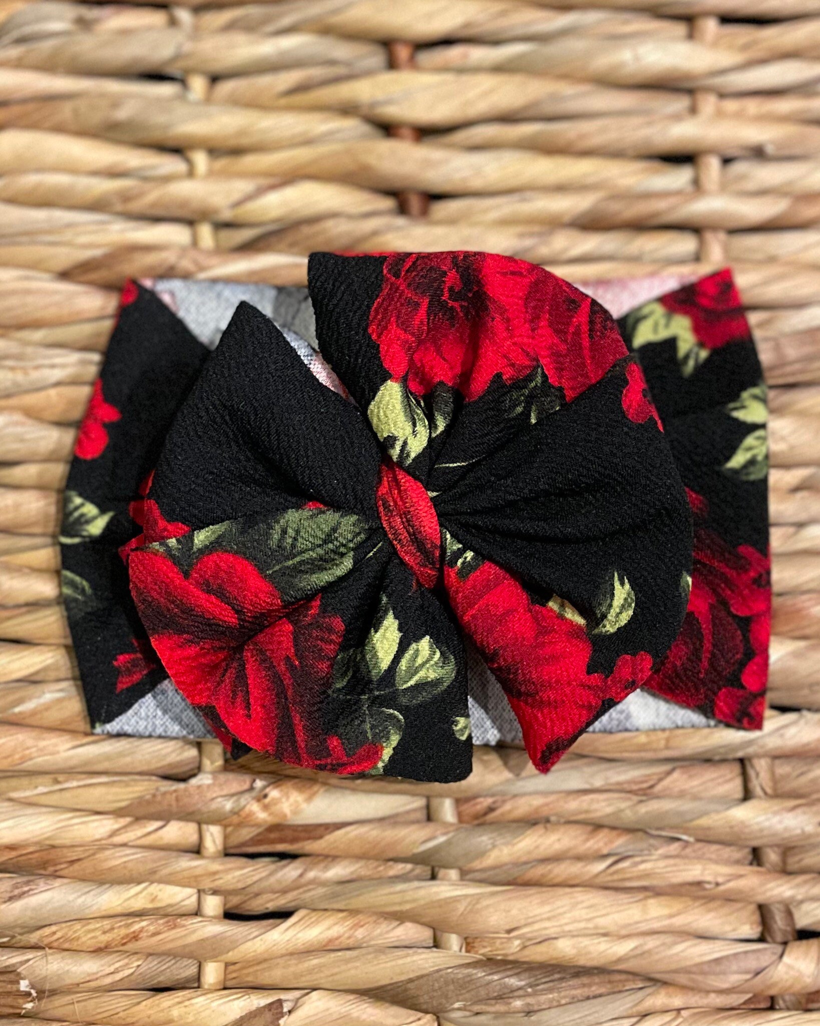 Roses on Black Double Bow Headwrap