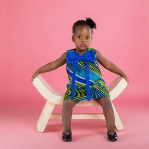 Little Girl&#39;s African Print Dress, Ankara Special Occasion Dress, Wax Print Toddler Gown, Church Dress, Toddler Ankara Dress, Blue Bow Dress