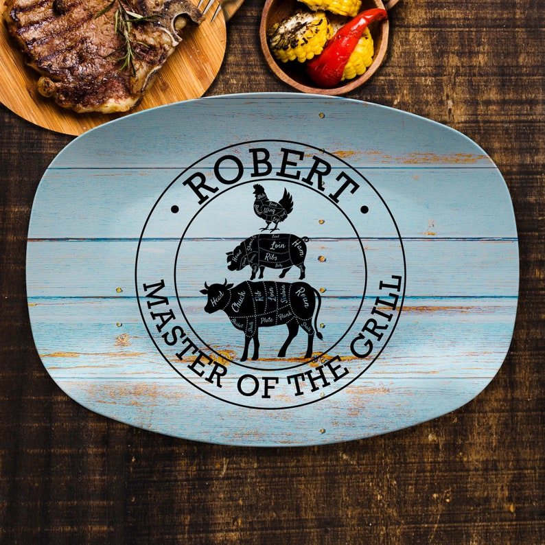 Grill Gifts Gifts for Grillers Rustic Blue Wood Design BBQ Gifts Personalized BBQ Grill Plate for Dad BBQ Grill