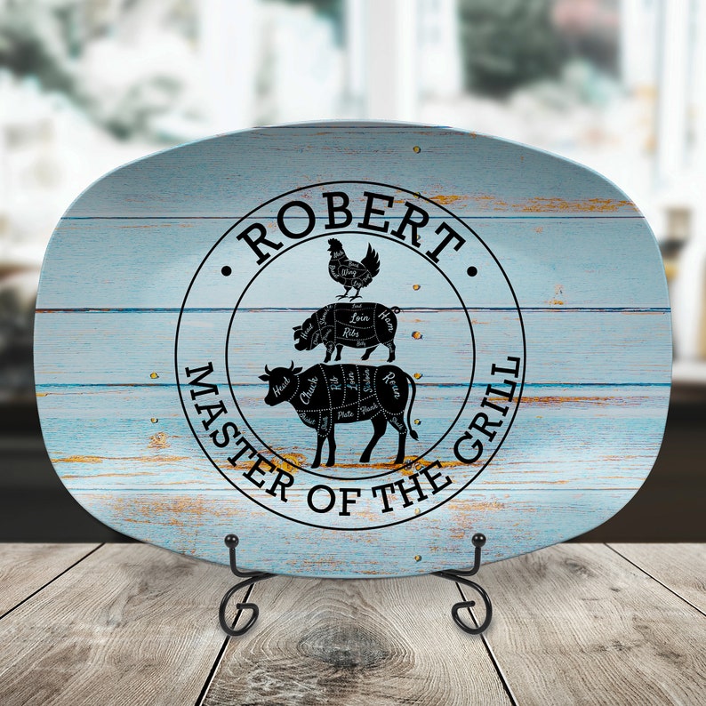 Grill Gifts Gifts for Grillers Rustic Blue Wood Design BBQ Gifts Personalized BBQ Grill Plate for Dad BBQ Grill