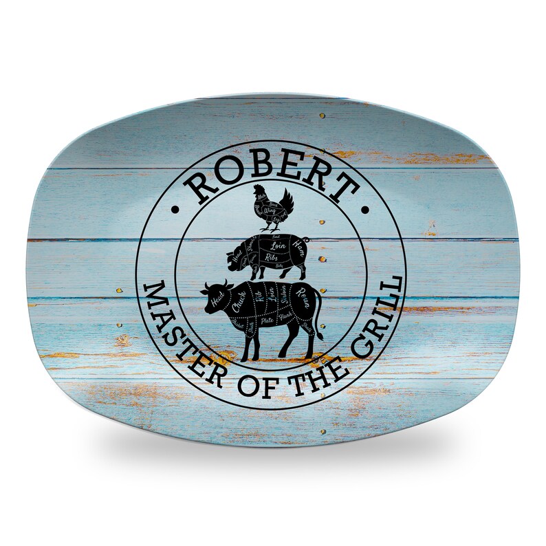 Grill Gifts Gifts for Grillers Rustic Blue Wood Design BBQ Gifts Personalized BBQ Grill Plate for Dad BBQ Grill