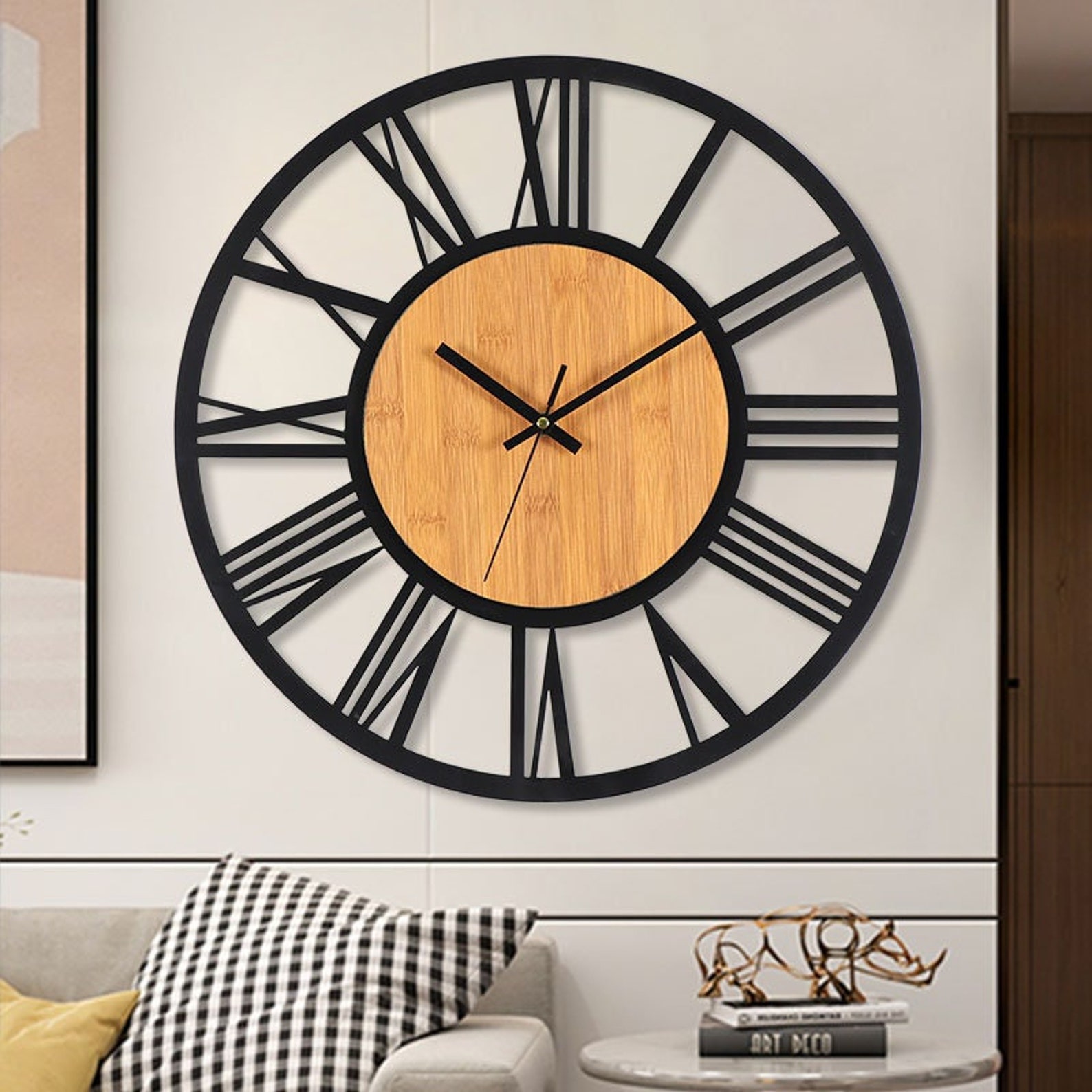 Roman Numeral Metal Wall Clock Large Metal & Wood Wall Clock Etsy