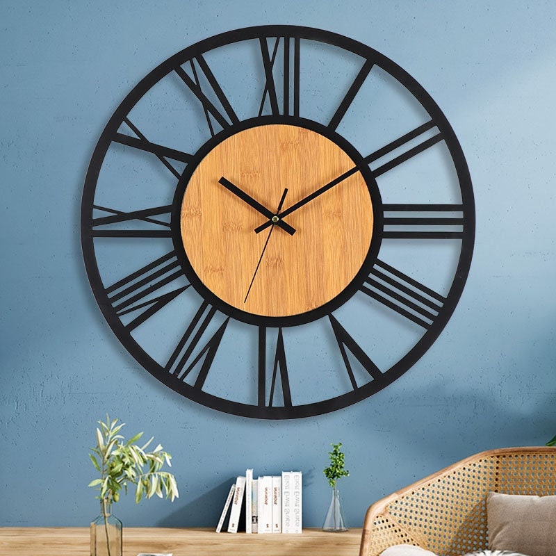 Roman Numeral Metal Wall Clock Large Metal & Wood Wall Clock Etsy