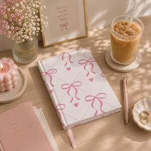 Pink Ribbon Bows Pattern Hardcover Journal | Hearts, Pastel Cute Stationery
