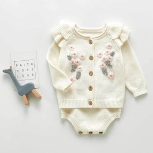 Hand Embroidered Knit Romper & Cardigan Set Baby Outfit Floral - Etsy