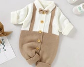 Baby Bow Front Knit Jumpsuit Soft Knit Suspender Color Block Single Breasted Button Down One Piece Long Sleeve Romper Suit in Camel Gray