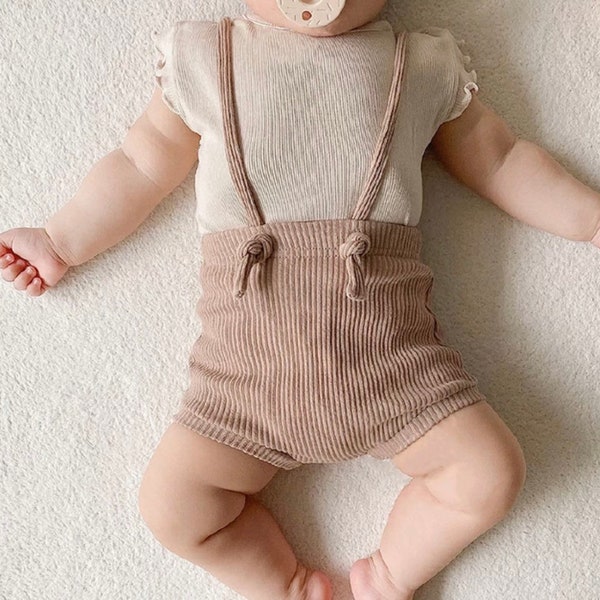 Baby Unisex Cotton Rib-Knit Shorts with Suspenders Baby Bloomers Summer Overall Romper Shorts 0-12 months