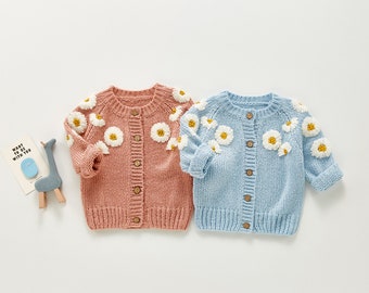 Embroidered Floral Button Knit Cardigan Baby Toddler Floral Girls Cardigans Knitted Sweater Baby Children Autumn Winter Wear Chunky Knit Top