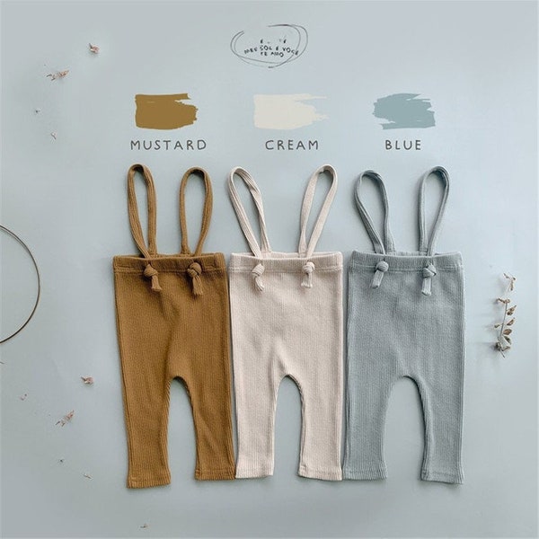 Baby Unisex Cotton Rib-Knit Legging Pants with Suspenders Solid Mustard Cream Blue Baby Unisex Pants Adjustable Knot Straps Leggings