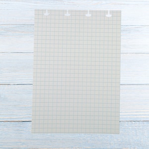 Könnte beinhalten: Ein leeres Blatt kariertem Papier mit vier gelochten Löchern am oberen Rand. Das Papier hängt an einem hellblauen Holzhintergrund.