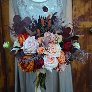 Fleurs orange bordeaux rouille, bouquet de mariée Faux bouquet herbe pampa de mariage d’automne, bouquet de mariage Boho, bouquet de mariage grand, taille-14inch