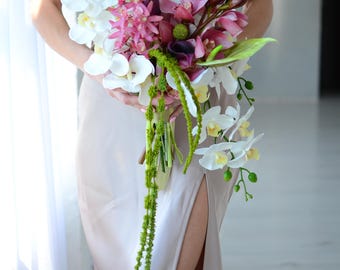 Tropische orchidee bruidsboeket, roze en wit bruidsboeket, trapsgewijze zijden bloemen, moderne boho-bruiloftbloemen, luxe bruidsboeket