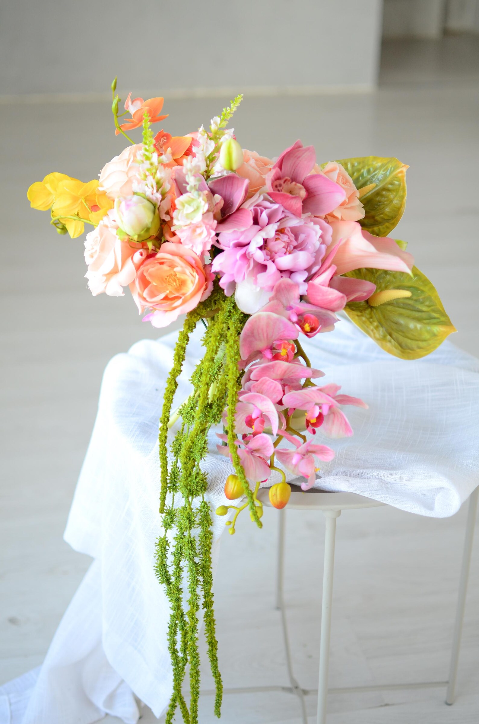 Cascading Silk Flower Wedding Bouquet, Orchid Rose Bridal Flowers, Pink ...