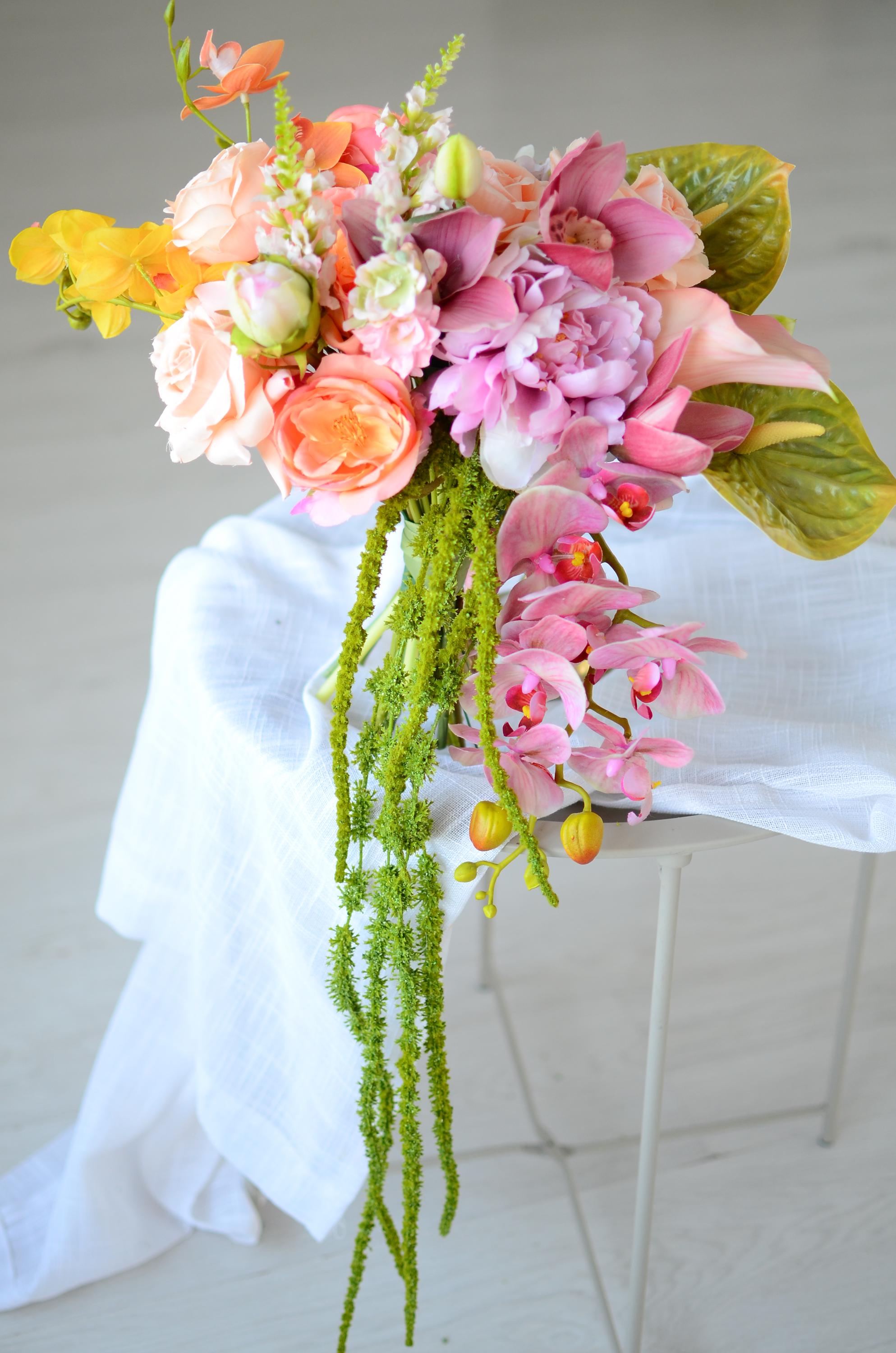 Cascading Silk Flower Wedding Bouquet, Orchid Rose Bridal Flowers, Pink ...