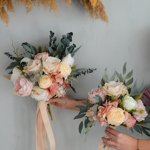 Brautstrauß Faux Strauß Pfirsich Pfingstrose EukalyptusHochzeitsblumen Seidenblumen Boho Hochzeit OutdoorGrün