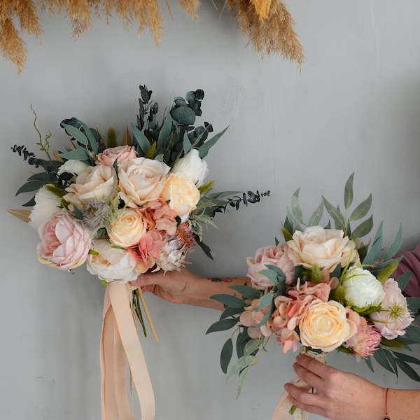 Bouquet de mariée Faux bouquet Pêche pivoine eucalyptus Fleurs de mariage Fleurs de soie Boho mariage OutdoorGreenery