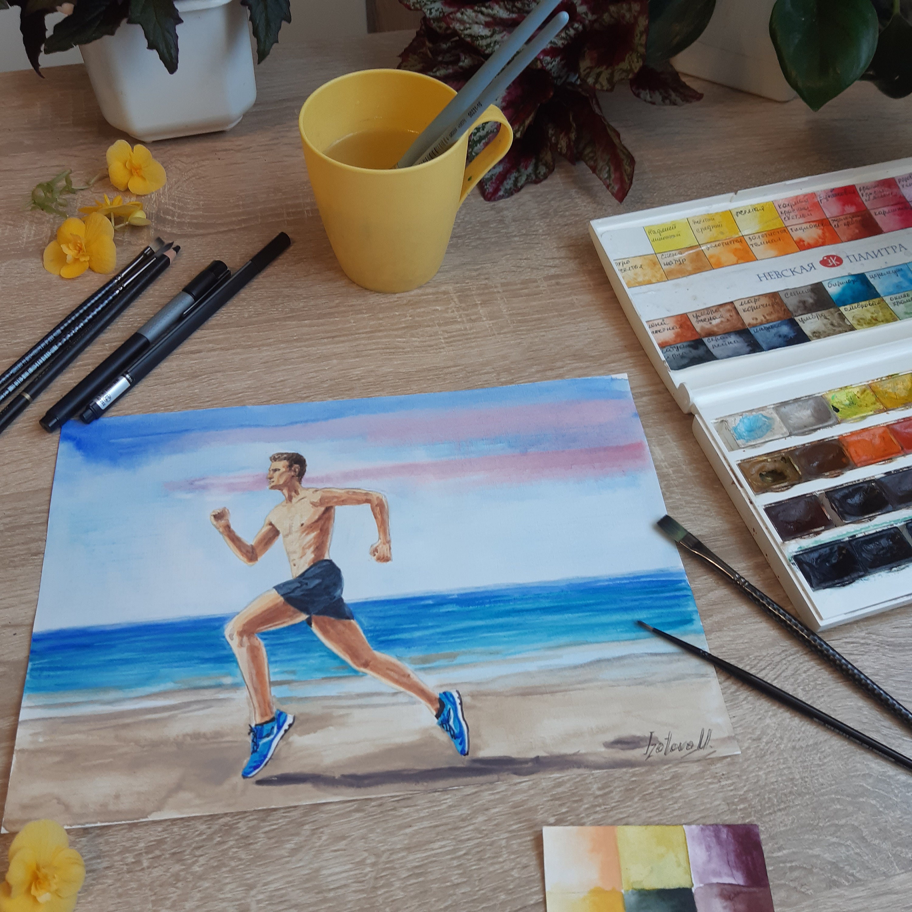 Sports Painting Watercolor Original Art Running Man on Beach Etsy