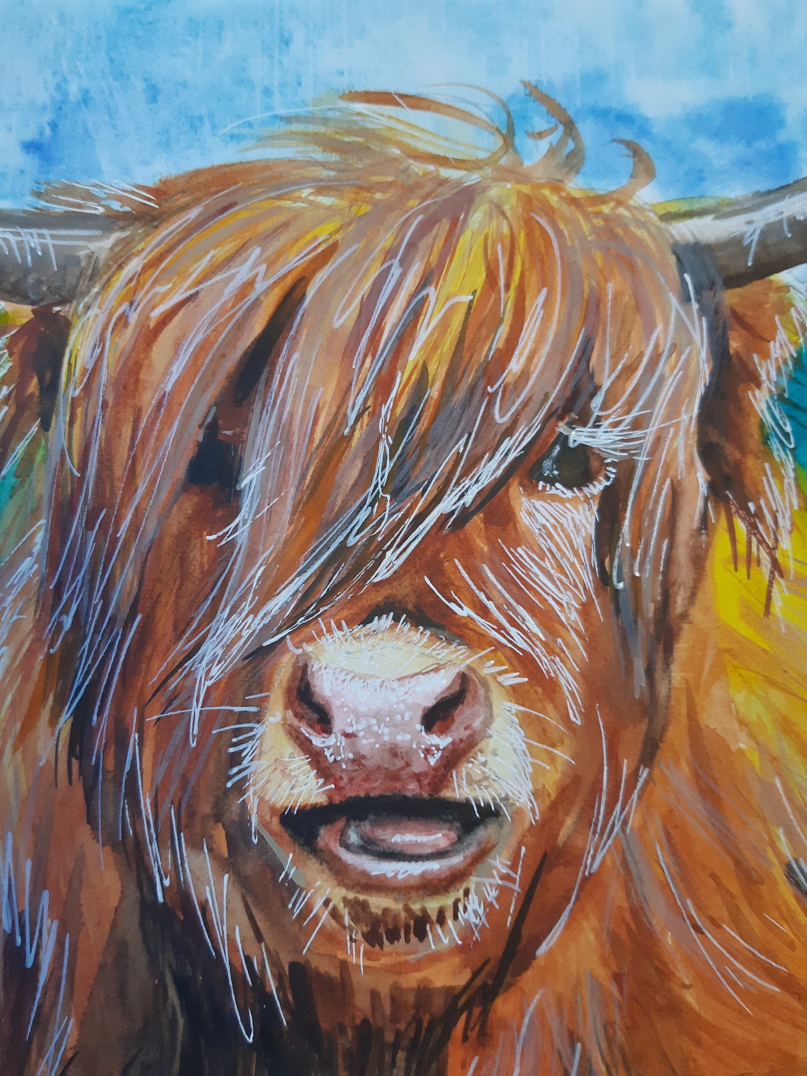 Highland Cow Painting Watercolor Original Farm Animal Portrait Etsy