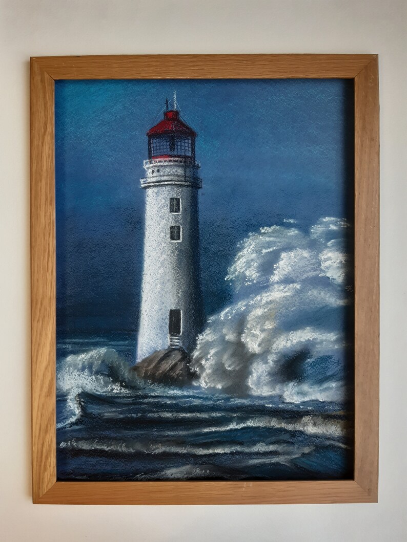 Lighthouse Painting Pastel Seascape Original Art Big Wave Etsy