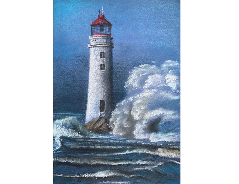 Lighthouse Painting Pastel Seascape Original Art Big Wave Etsy