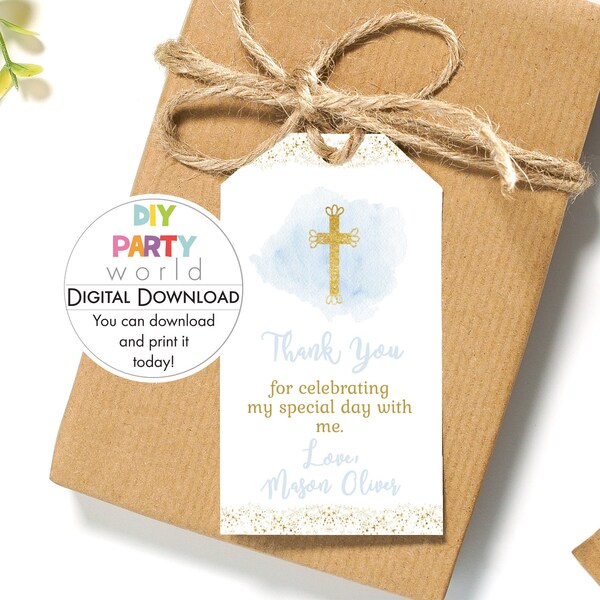 Editable Blue Gold Cross Favor Tag, Christening Gift Tag, Boys Communion, Confirmation Thank You Tag, Digital Baptism Tags Template, CH1002