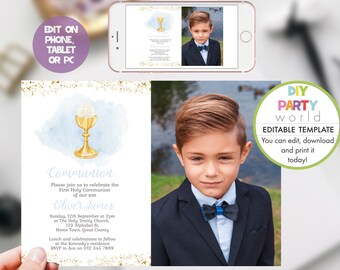 First Communion Photo Invitation, Editable Boys Communion Photo Invite, Digital Custom Evite Template, DIY Catholic Invitation, 1014