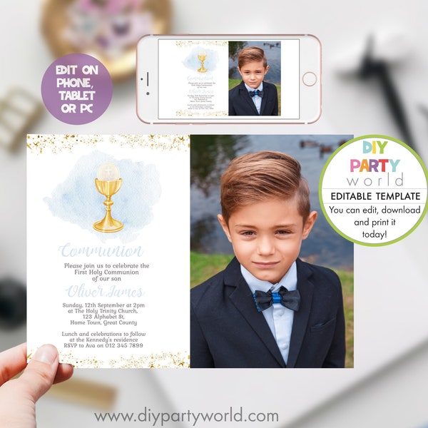 First Communion Photo Invitation, Editable Boys Communion Photo Invite, Digital Custom Evite Template, DIY Catholic Invitation, 1014