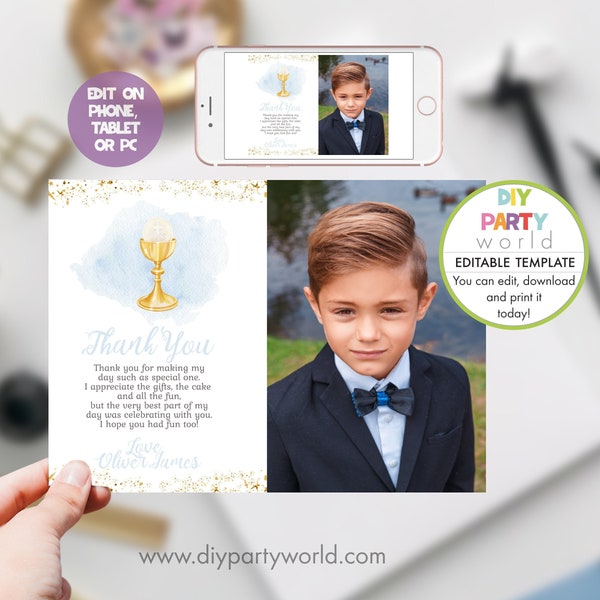 Editable First Communion Photo Thank You Card, Boys Holy Communion Accessories, DIY Photo Thank You Note Template, Digital Custom Card 1014