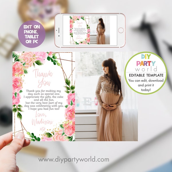 Editable Baby Shower Photo Thank You Card, Digital Pink Floral Photo Thank You eCard, Baby Girl, Instant Download Template,  1013