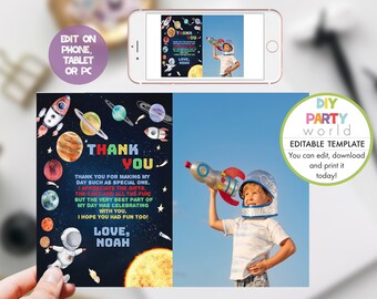 Space Birthday Photo Thank You Card, Astronaut Party Photo Thank You Note, Editable Template, Kids Party, Digital Accessories, B1002