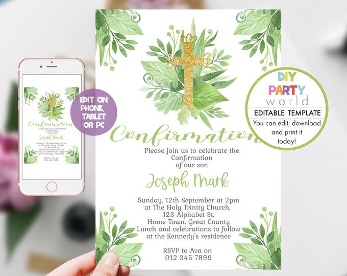 Editable Confirmation Invitation, Printable Customizable Greenery Gold ...