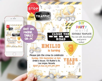 Construction Birthday Invitation, Editable Invite, Building Party, Printable Template, Boys Birthday, Digital Evite, Digger Dump Truck B1009