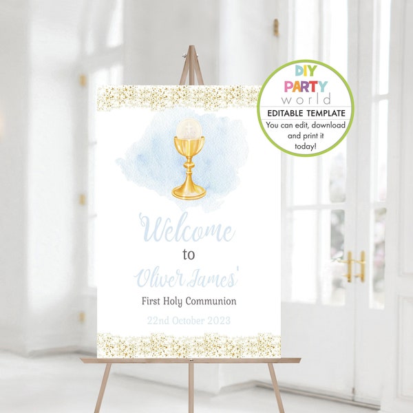 Editable First Communion Welcome Sign, Holy Communion Welcome Sign Template, Boys Party, Digital Decoration, Blue and Gold Sign, 1014