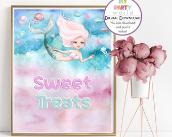 Pink Mermaid Sweet Treats Table Sign Printable, Mermaid Birthday Decoration, Girls Birthday Party, Candy Cart Sign, Instant Download, B1007