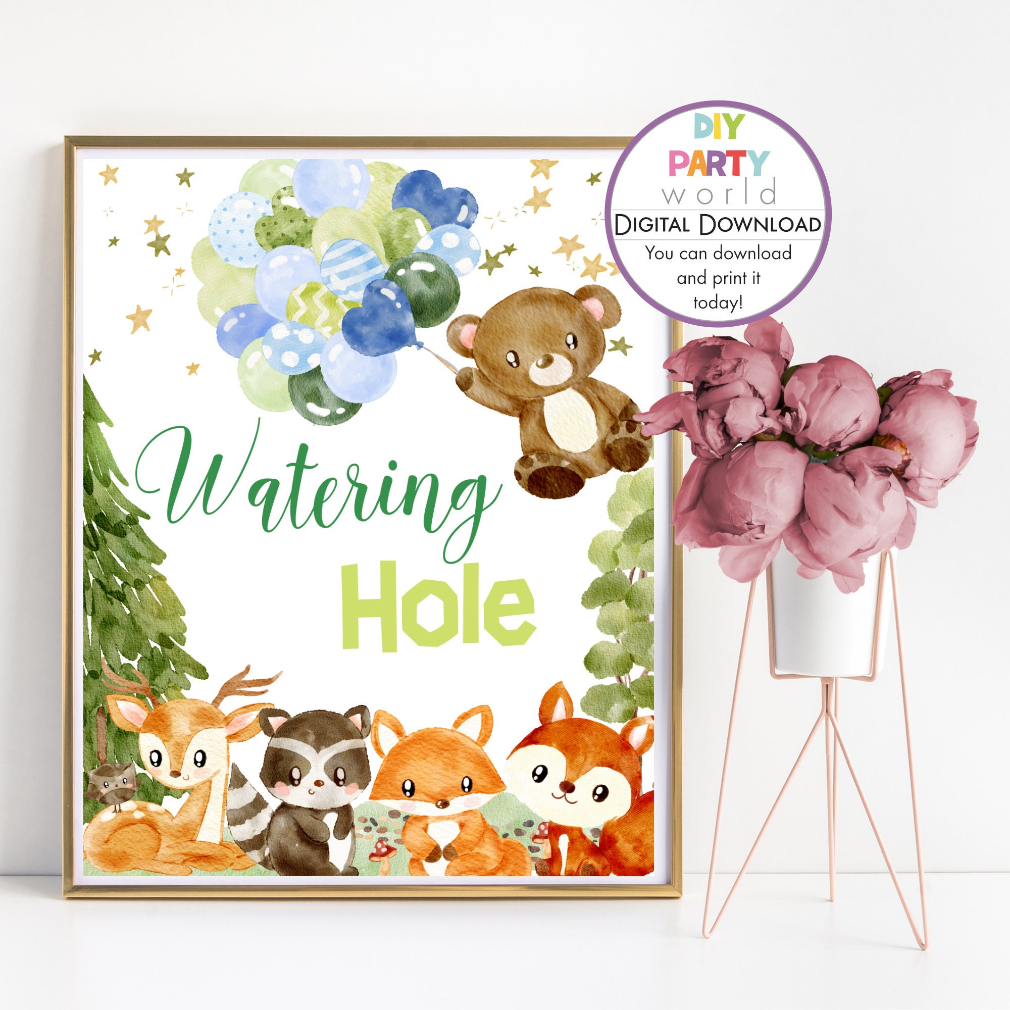 Woodland Watering Hole Sign Printable, Woodland Animals Boys Birthday Party, Bear and Balloons ...