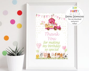 Girls Farm Animals Thank You Sign Printable | Pink Farm Animals Party Decor  | Girls Birthday Party | Party Signs | Instant Download | B1008