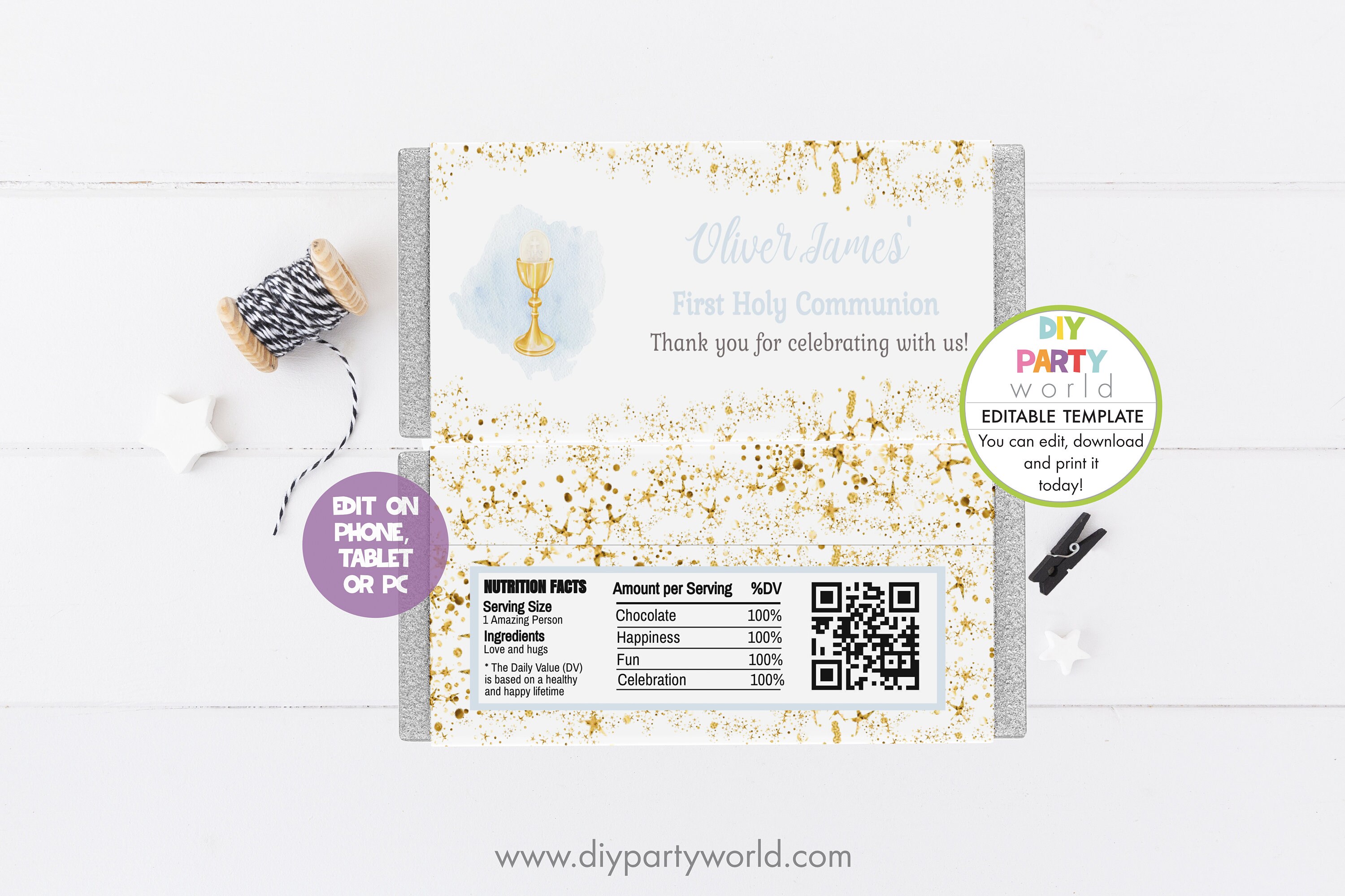 Editable First Communion Chocolate Bar Wrapper, Candy Bar Wrapper, Boys ...