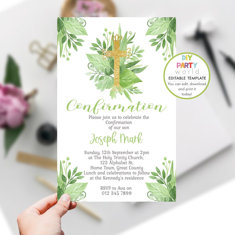 Editable Confirmation Invitation, Printable Customizable Greenery Gold ...