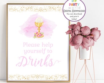 First Communion Drinks Sign, Girls Communion, Drinks Table Sign, Digital Decoration, Printable Sign, Bar Decor, Instant Download, 1014